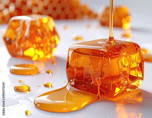 Crystallized honey cubes with pouring golden syrup