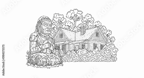 Rustic dwelling nestled amongst trees with ancient sculpture in foreground