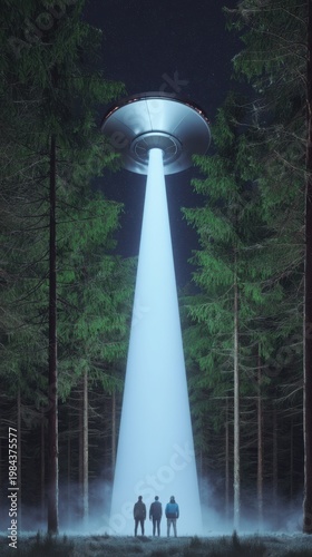 UFO hovering over misty pine forest at night with a bright tractor beam illuminating three silhouetted figures, sci-fi abduction