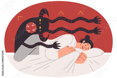 Nightmare of frightened woman lying in bed and feeling attack of multi-armed monster