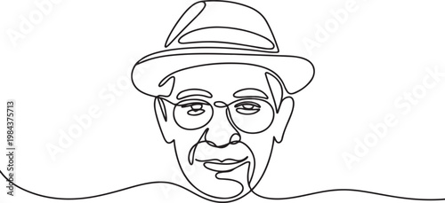 continuous line old man portrait. one line vector of a person's face with a hat and glasses. one line Icon drawing