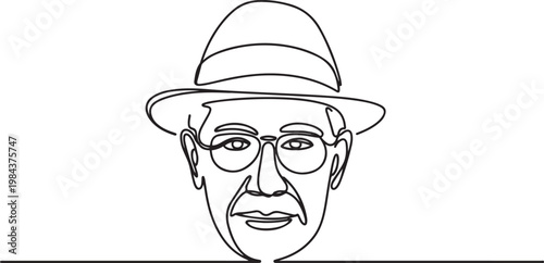 continuous line old man portrait. one line vector of a person's face with a hat and glasses. one line Icon drawing