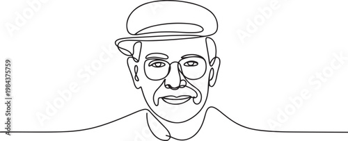 continuous line old man portrait. one line vector of a person's face with a hat and glasses. one line Icon drawing