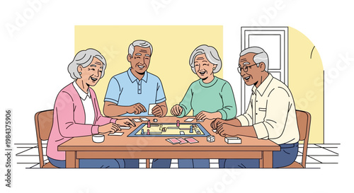 Four cheerful senior friends enjoy a delightful afternoon together, engaging in a fun board game at a cozy table, fostering companionship and mental stimulation.