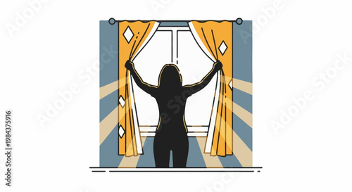 Silhouette opens curtains, revealing bright light rays from window