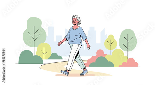 A cheerful senior woman enjoys a leisurely stroll through a vibrant urban park, embracing an active and healthy lifestyle amidst nature's beauty.