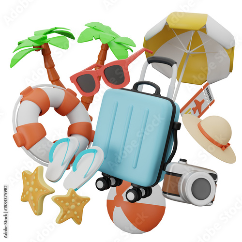 Vibrant Summer Vacation Essentials with Luggage, Sunglasses, and Beach Accessories for a Fun Getaway