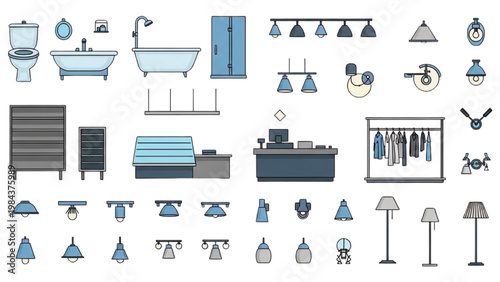 Vector 2D CAD designs of various bathroom and furniture items are shown
