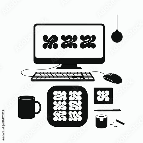 A modern black desktop computer monitor and PC hardware setup featuring a flat LCD screen on an office desk with a keyboard and mouse for business communication and network technology work