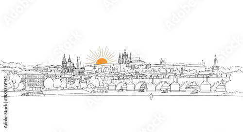Sketchy riverfront cityscape with a bright sun rising behind ornate architecture