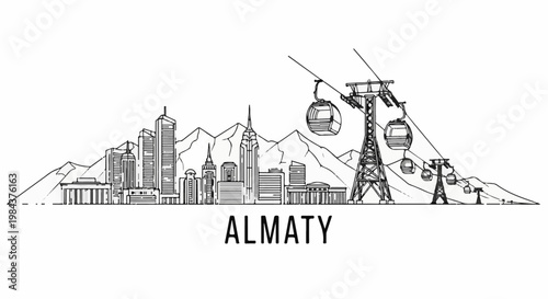 Sketchy skyline of a city with mountains behind and cable cars in front