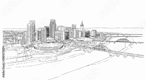 Sketchy urban skyline with domed buildings, bridges, and river