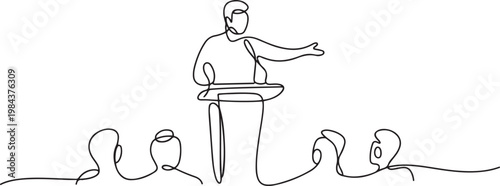 continuous line of public speaking.one line drawing of speaking in front of many people. one line Icon drawing
