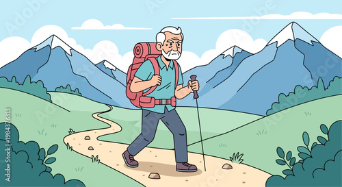 An active senior man with a backpack and hiking pole enjoys a scenic mountain trail, embracing adventure and healthy outdoor recreation.
