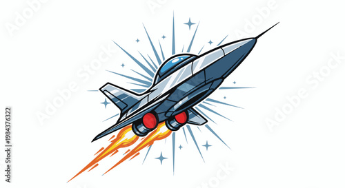 Sleek silver jet zooms upward with fiery exhaust and starburst