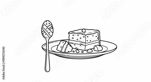Slice of layered cake with scattered crumbs on a plate with a spoon