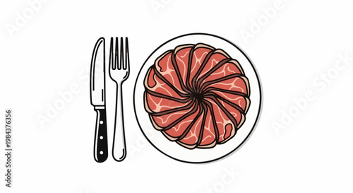 Sliced cured meat arranged on a plate with cutlery