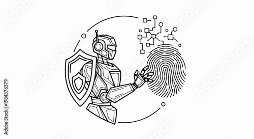 Robot with shield and fingerprint data network, digital security concept