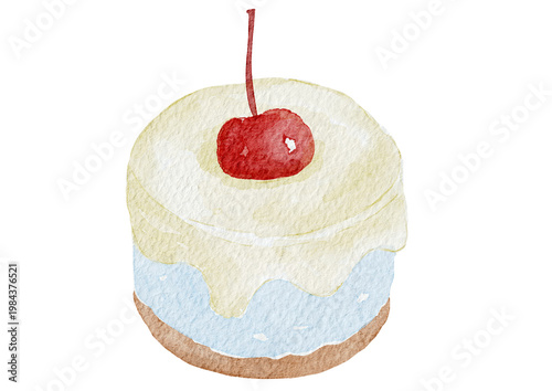 Watercolor Mini Cake with Cherry – Hand Painted Dessert Illustration Isolated