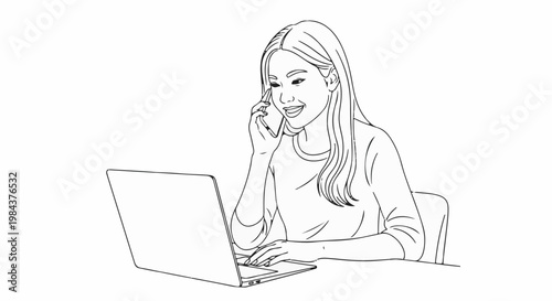 Smiling woman talks on phone while typing on laptop