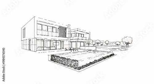 Sketch of a modern multi-story house with a swimming pool and garden