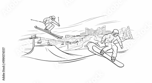 Snowboarder and skier mid-air with ski lifts and cityscape background