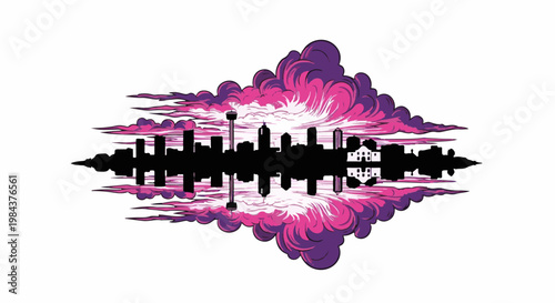 Silhouetted city skyline reflected in pink and purple clouds, surreal