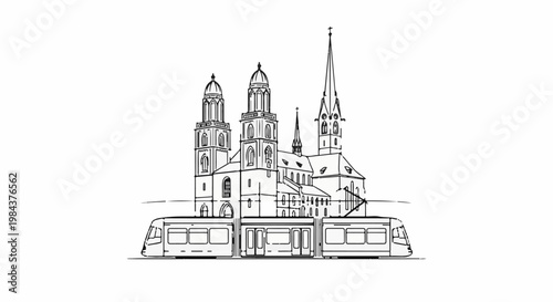 Sketch of a modern tram in front of a historic European cathedral's spires
