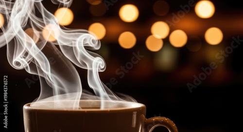 Steaming Coffee Cup in Cozy Atmosphere.