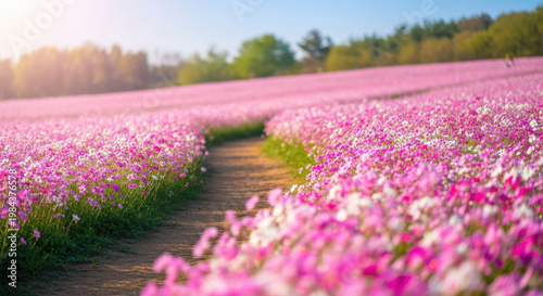 A serene pathway winds through a vibrant field of pink flowers under a clear blue sky