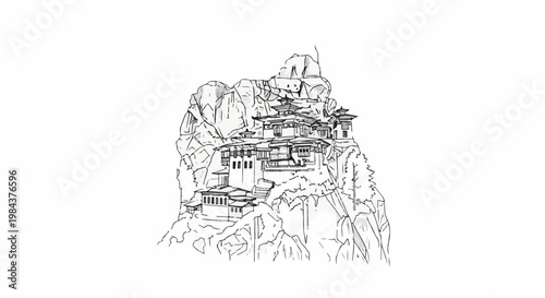 Sketch of a monastery perched precariously on a rocky cliffside