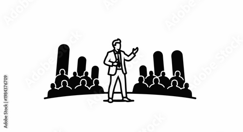 Speaker addressing a seated audience in a room with tall pillars