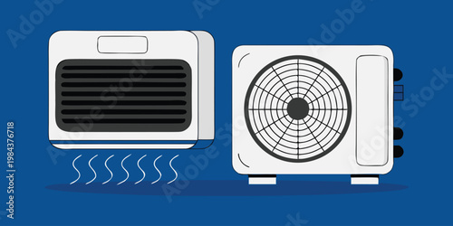 Isolated white air conditioner equipment on a wall featuring a vintage electric fan and integrated stereo speaker for cool wind and audio sound.