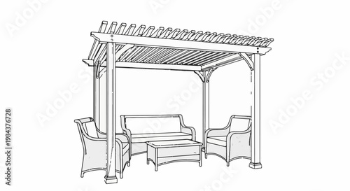 Sketch of outdoor seating furniture under a wooden pergola with a slatted roof