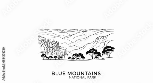 Sketch of a scenic mountainous landscape with trees in the foreground
