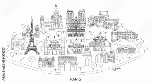 Sketch of Parisian landmarks including Eiffel Tower and Notre Dame