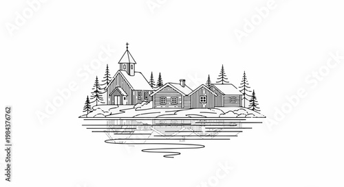 Sketch of a snowy village with a church and houses mirrored below