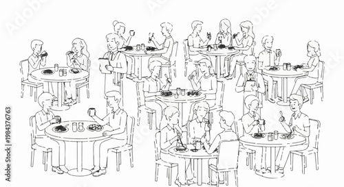 Sketch of people dining at tables, some with food, others with drinks