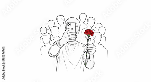 Sketch of person taking selfie with red flower amidst indistinct crowd