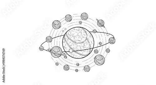 Sketch of a solar system with a central planet and orbiting bodies