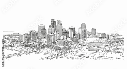 Sketch of a sprawling city skyline with a domed stadium and bridges