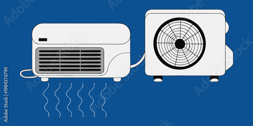 A vintage white air conditioner unit and electric fan equipment are isolated on a wall like a retro stereo box to provide cool wind and power