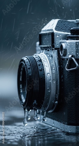 Vintage Camera in the Rain - A Nostalgic Scene.