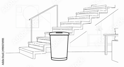 Sketch of a trash can placed by a staircase and desk