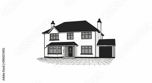 Sketch of a two-story house with a garage and paved driveway