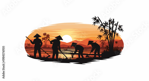 Silhouetted farmers tending to crops at sunset with bamboo