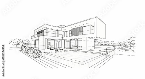 Sketch of a modern multi-story house with a swimming pool and garden (1)