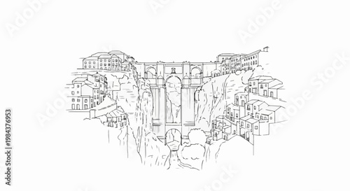 Sketch of a village with a large bridge spanning a deep gorge