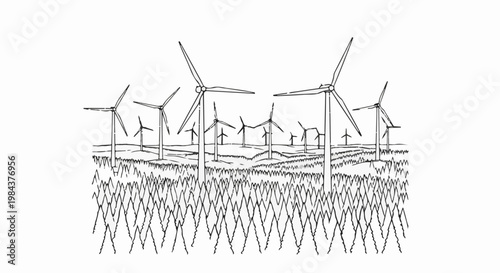 Sketch of a windy field with multiple turbines generating clean energy