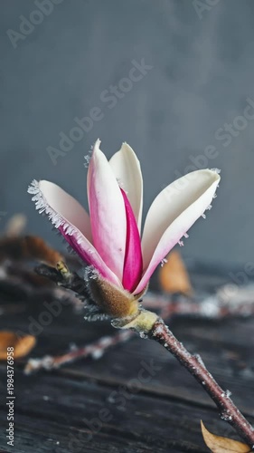 A beautiful and delicate magnolia bud covered in frost on a cold winter morning